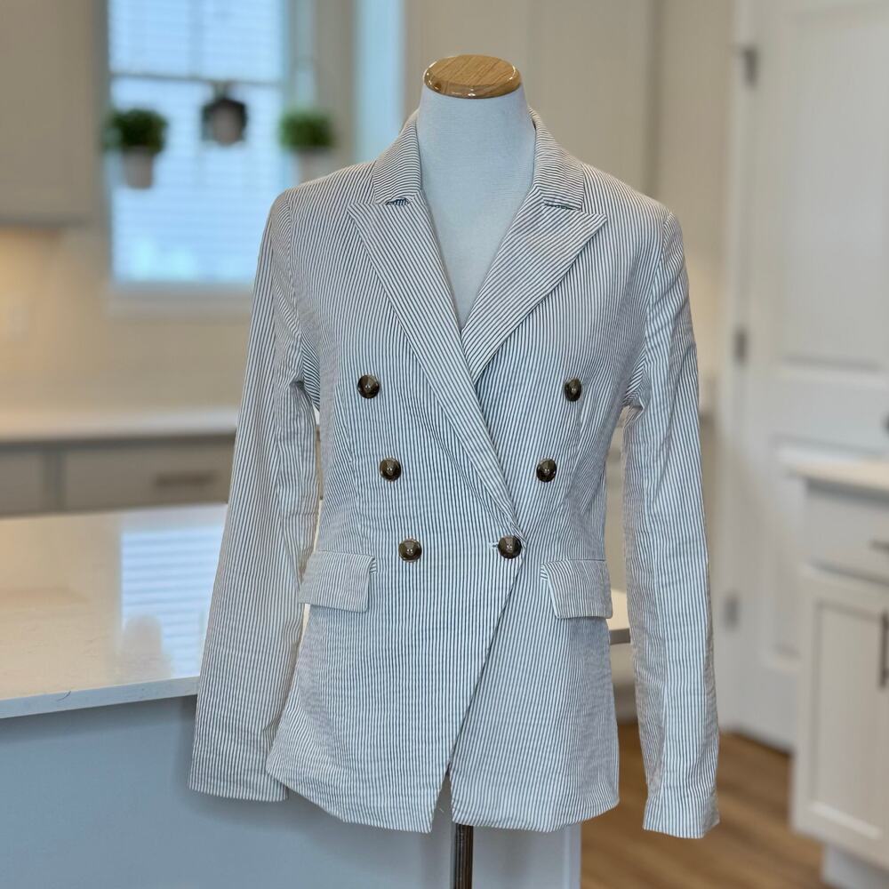 JOIE | Cream & Tan Pinstripe Double-Breasted Blazer